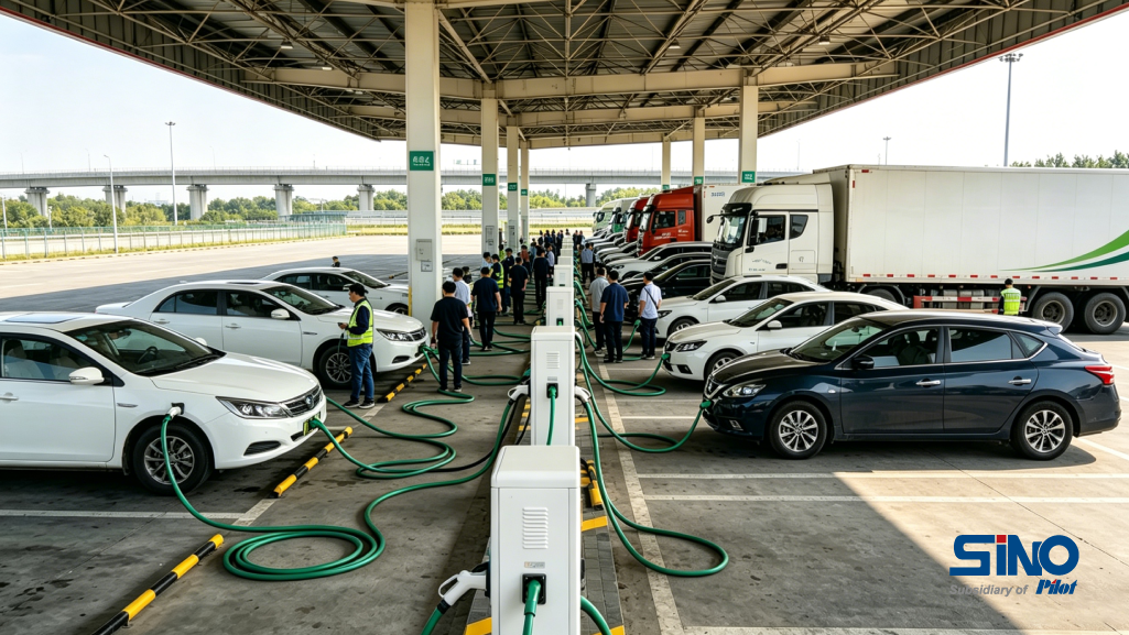 long EV charger cable for commercial parking lot