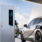 A modern electric vehicle charging station is connected to a silver electric vehicle