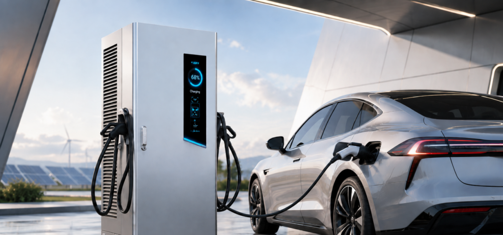 A modern electric vehicle charging station is connected to a silver electric vehicle