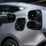 NACS and CCS EV charging connectors side by side in front of a modern electric vehicle charging port