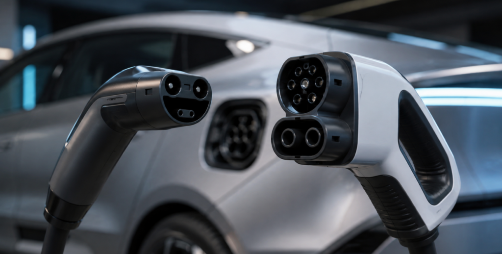 NACS and CCS EV charging connectors side by side in front of a modern electric vehicle charging port